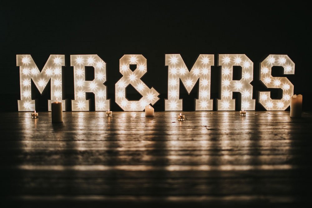 MR & MRS in large light up letters for your wedding, renewal of vows or anniversary party