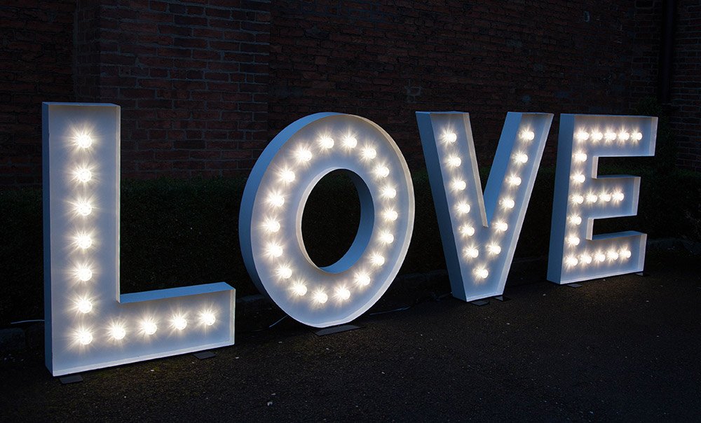 LOVE in light up letters from Ray of Light Letters, Lincolnshire and Yorkshire