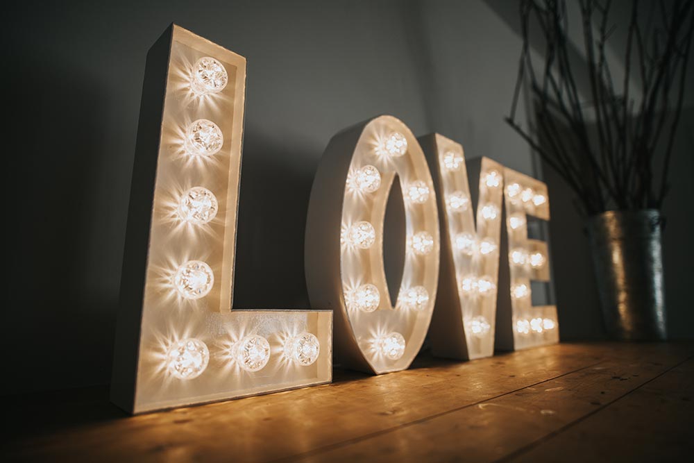 LOVE light up letters in modern font from Ray of Light Letters, Lincolnshire and Yorkshire