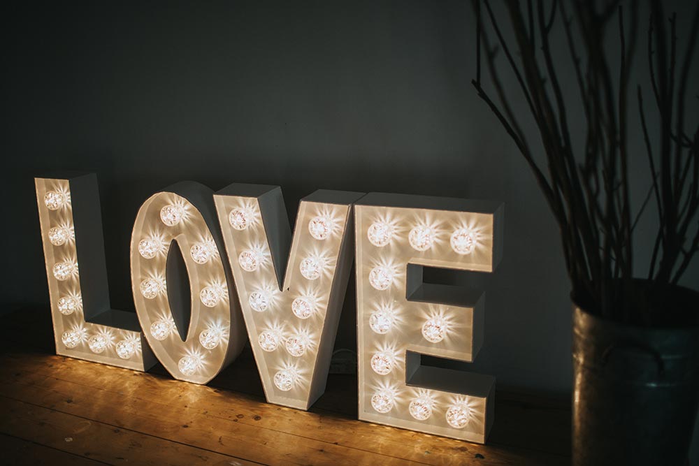 LOVE in light up letters modern font from Ray of Light Letters, Lincolnshire and Yorkshire