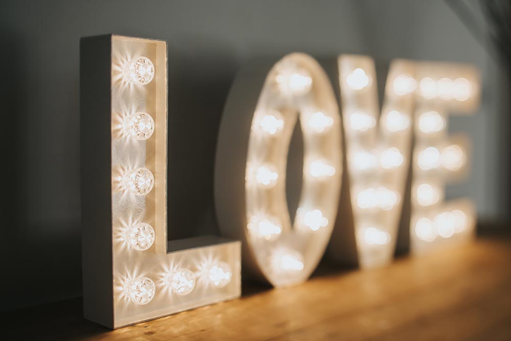 LOVE in small 2ft lighted letters from Ray of Light Letters, Lincolnshire and Yorkshire